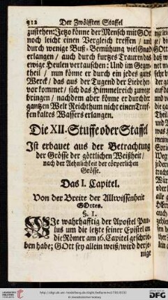 Die XII. Stuffe oder Staffel ist erbauet aus der Betrachtung der Groesse der goettlichen Weißheit, nach der Aehnlichkeit der coerperlichen Groesse