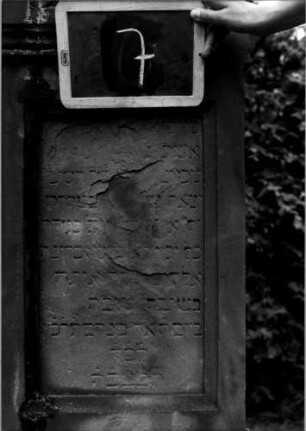 Grabstein 7 (Index: 100110399) Material: Sandstein Zustand: stark beschädigt und abgeblättert mit Textverlust Maße HxBxT: 135x45x16 cm Beschreibung: Stele, getreppter Sockel, Giebel mit Eckakroteren, eingetieftes Schriftfeld rechteckig: Grabstein 7 (Detailaufnahme 1)