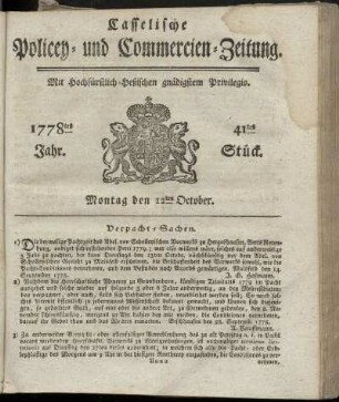 41tes Stueck, Montag den 12ten October. 1778