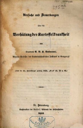 Versuche und Bemerkungen über die Verhütung der Kartoffelkrankheit