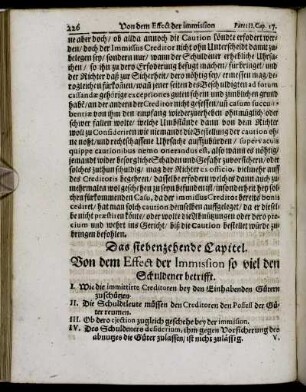Das siebenzehende Capitel. Von dem Effect der Immission so viel den Schuldner betrifft.
