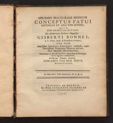Specimen Inaugurale Medicum Conceptus Fatui Historiam Et Analysin Sistens