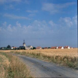 Burkhardswalde. Ansicht mit Dorfkirche von Nordost. Blick über einen Fahrweg zwischen Getreidefeldern