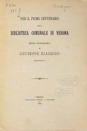 Per il primo Centenario della Biblioteca comunale di Verona