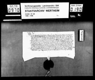 Graf Friedrich von Löwenstein (Lewenstain), Herr zu Scharfeneck (Scharpfeneck), verleiht dem David von Helmstatt 1/4 des Zehnten zu Löwenstein zu Mannlehen.