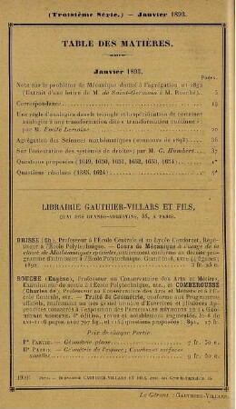Table des matières. Janvier 1893.