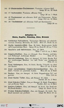 Arbeiten in Eisen, Kupfer, Messing, Zinn, Bronze (Nr. 386-489)