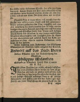 Antwort auff das Buch\ Herrn Andreae Osiandri von der Rechtfertigung des Menschen ...