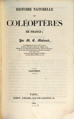 Histoire Naturelle des Coléoptères de France, 3. Palpicornes. - 1844