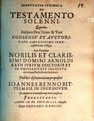 Disputatio Iuridica De Testamento Solenni