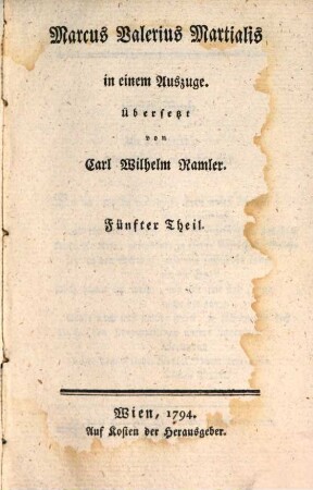 Marcus Valerius Martialis : in einem Auszuge, Fünfter Theil