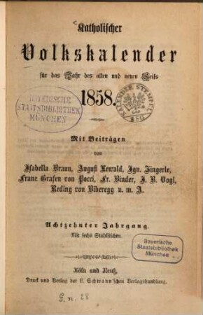 Katholischer Volkskalender : f. d. J. des alten u. neuen Heils. 1858 = Jg. 18