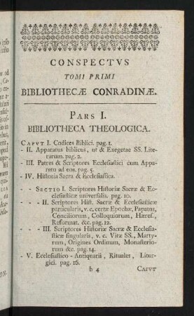 XXIII-XXXII, Conspectus Tomi Primi Bibliothecae Conradinae
