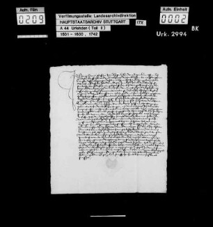 Jung Hans Scheff zu Erdmannshausen, wegen Beteiligung am Bauernaufruhr zum Verlassen des Amts Marbach verurteilt, jedoch auf Fürbitten des Junkers Jakob von Bernhausen gegen eine Geldstrafe von 4 fl und die Zusage, Wehr und Harnisch abzulegen, begnadigt, schwört U. und verspricht, fortan keine Wehr außer einem abgebrochenen Brotmesser zu tragen und offene Zechen zu meiden.
