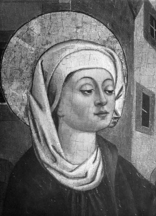 Die heilige Elisabeth mit Krüppeln : Die heilige Elisabeth mit Krüppeln. Tafelmalerei (vor 1530; Simon von Taisten). Brustbild der heiligen Elisabeth. Meersburg, Altes Schloss, Burgkapelle