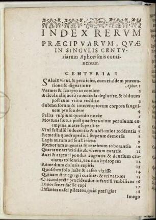 Index Rerum Praecipuarum, Quae In singulis Centuriarum Aphorismis continentur