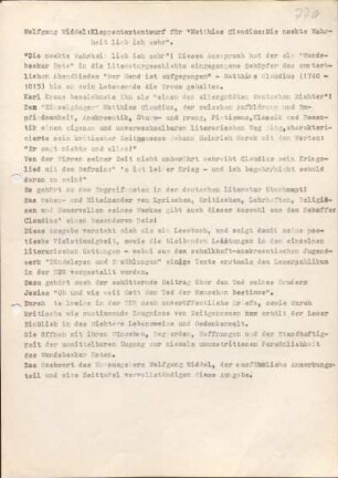 [W141]: Klappentextentwurf für "Matthias Claudius: Die nackte Wahrheit lieb ich sehr"