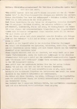 [W141]: Klappentextentwurf für &quot;Matthias Claudius: Die nackte Wahrheit lieb ich sehr&quot;
