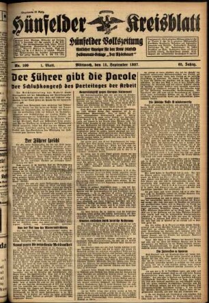 Erste Ausgabe vom Mittwoch, den 15. September 1937.