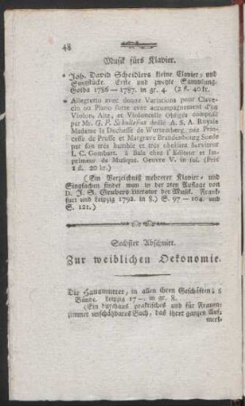 Sechster Abschnitt. Zur weiblichen Oekonomie