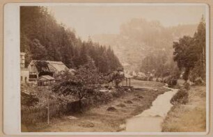 Sächsische Schweiz. Polenztal mit Schneidemühle. Blick flußabwärts gegen den Hockstein