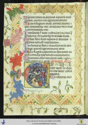 (36v) Zierseite zu Beginn von Psalm 32: Judaskuss; darunter: Christus heilt das Ohr des Malchus.