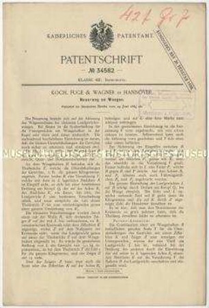 Patentschrift einer Neuerung an Waagen, Patent-Nr. 34582