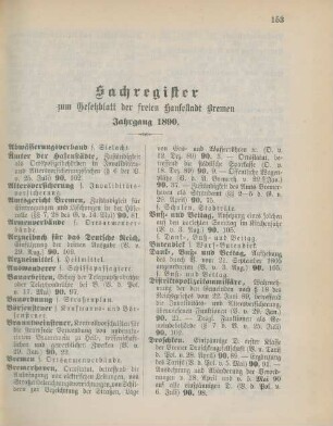 Sachregister zum Gesetzblatt der freien Hansestadt Bremen Jahrgang 1890