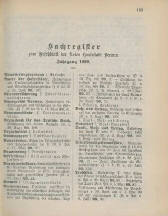 Sachregister zum Gesetzblatt der freien Hansestadt Bremen Jahrgang 1890