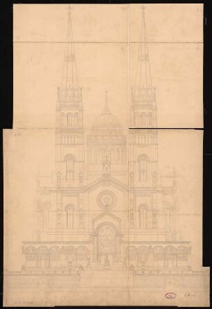 Romanische (evangelische) Kirche mit 2000 Sitzplätzen am Humboldthafen, Berlin Schinkelwettbewerb 1856: Aufriss Vorderansicht; Maßstabsleiste