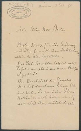 08. September 1890, Dresden [Brief von Alphons Stübel an Max Uhle]