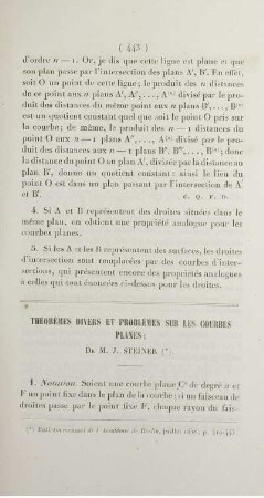 Théorèmes divers et problèmes sur les courbes planes.
