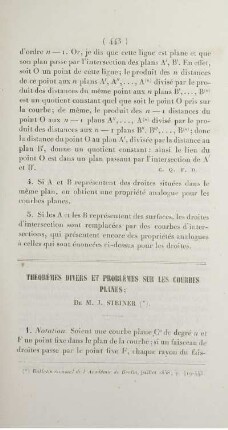 Théorèmes divers et problèmes sur les courbes planes.