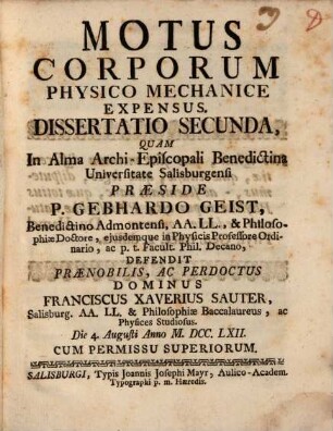 Motus corporum physico-mechanice expensus : Dissertatio secunda