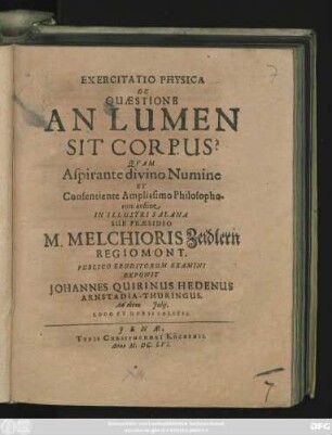 Exercitatio Physica De Quaestione An Lumen Sit Corpus?