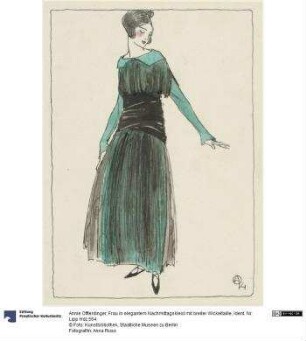 Frau in elegantem Nachmittagskleid mit breiter Wickeltaille