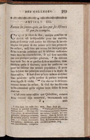 Article XII. Former les jeunes-gens au bien par ses discours & par ses exemples.