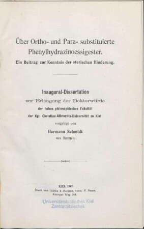 Über Ortho- und Para-substituierte Phenylhydrazinoessigester : ein Beitrag zur Kenntnis der sterischen Hinderung