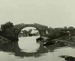 China. Kanalbrücke bei Suzhou, nahe der Jangtse-Mündung. Im Uferbereich Wasserbüffel