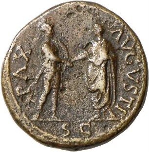 Dupondius des Kaisers Vitellius mit Darstellung der Roma