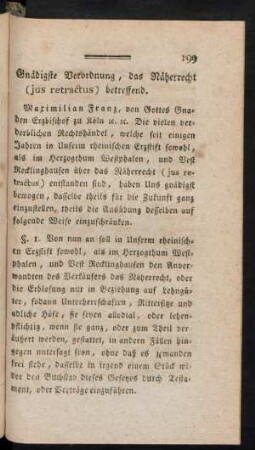 Gnädigste Verordnung, das Näherrecht (ius retractus) betreffend.
