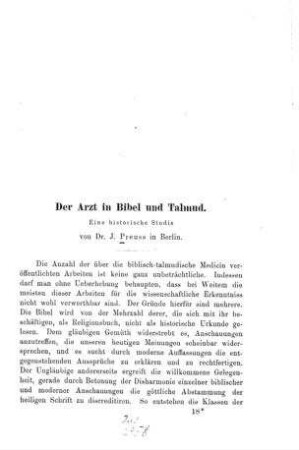 Der Arzt in Bibel und Talmud : eine historische Studie / von J. Preuss