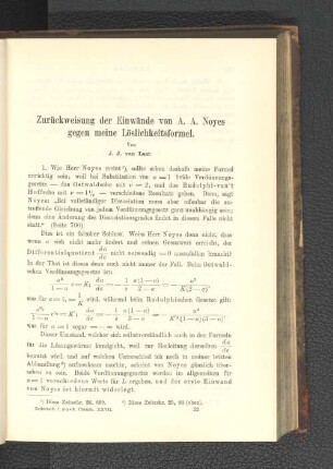Zurückweisung der Einwände von A. A. Noyes gegen meine Löslichkeitsformel