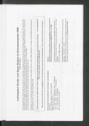 Lehrangebot Gender und Queer Studies im Sommersemester 2008