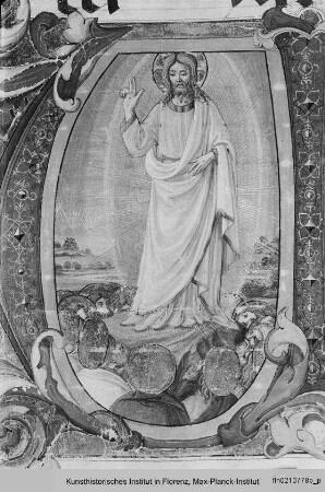 Graduale D : Historisierte Initiale V(iri Galilei): Christi Himmelfahrt