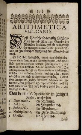 Arithmetica Vulgaris. CAP. I. - CAP. XXVI.
