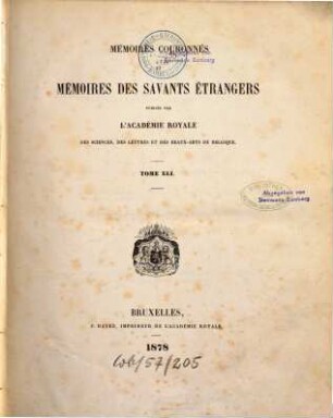 Mémoires couronnés et mémoires des savants étrangers, 41. 1878