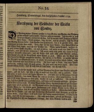 No. 16. Hamburg, Donnerstags, den funfzehnten October 1739.