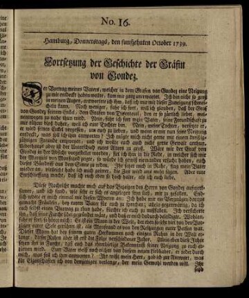 No. 16. Hamburg, Donnerstags, den funfzehnten October 1739.