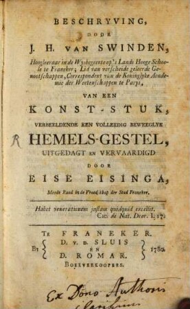 Beschryving ...van een Konststuk verbeeldende een ... Hemels-Gestel